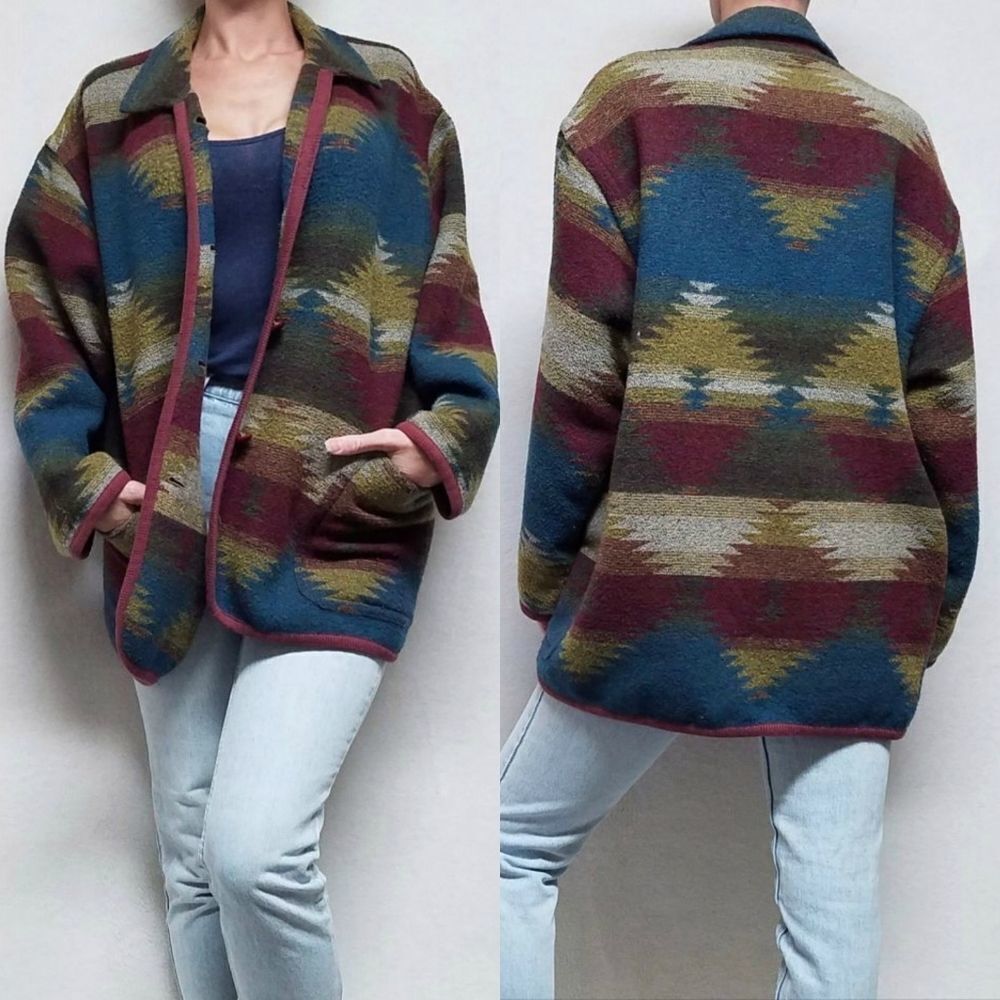 VINTAGE 1980s The Limited Southwestern Boho Aztec Wool Blend Blanket Jacket M-L